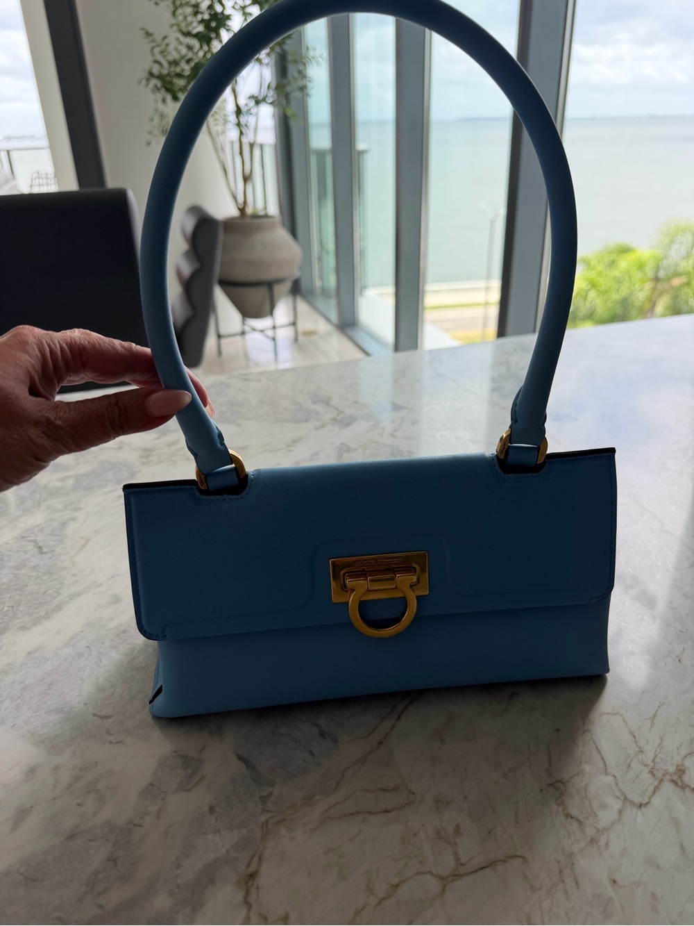 Salvatore Ferragamo Sky Blue Top-Handle Shoulder Bag with Gold Hardware